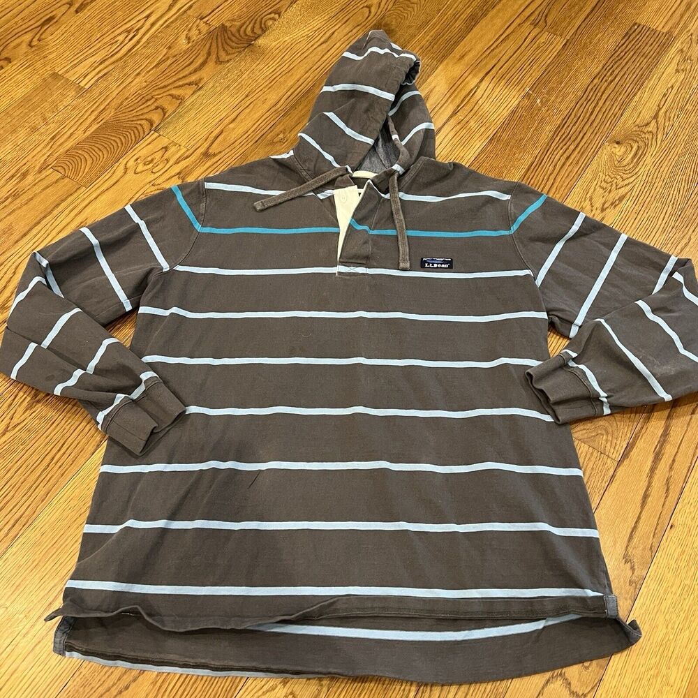LL Bean Hoodie Mens Size XL Gray Blue Striped Traditional Fit Hooded Pullover